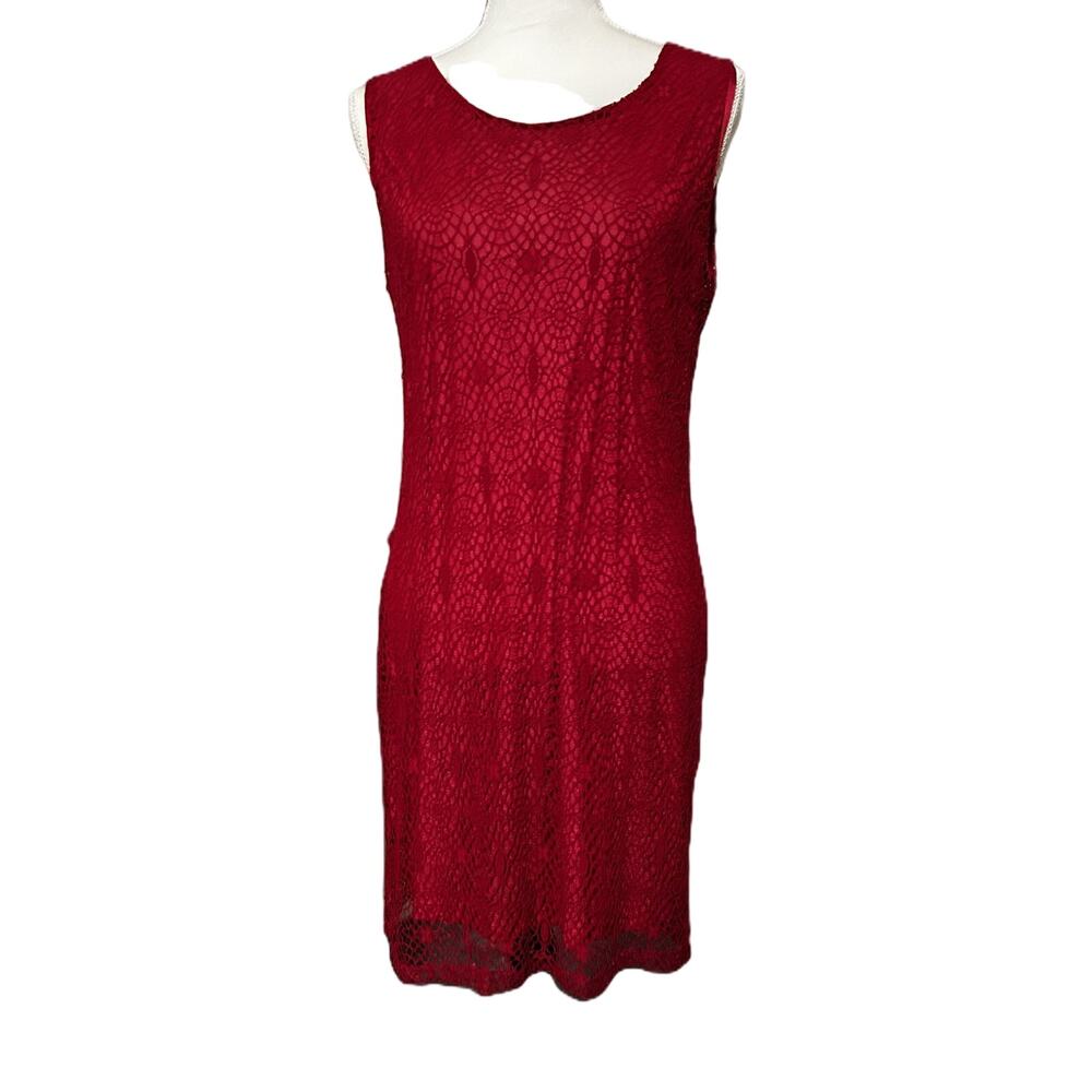 NWT MT Collection Lace Cherry Red Knee Length Sleeveless Cocktail Dress-Large